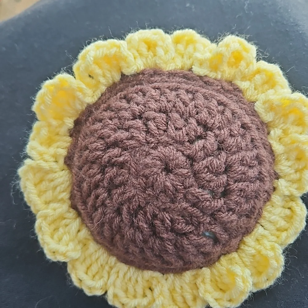 Hand Crafted Yellow Brown Boho Crochet Sunflower Brooch Floral Pin Bag Charm 6